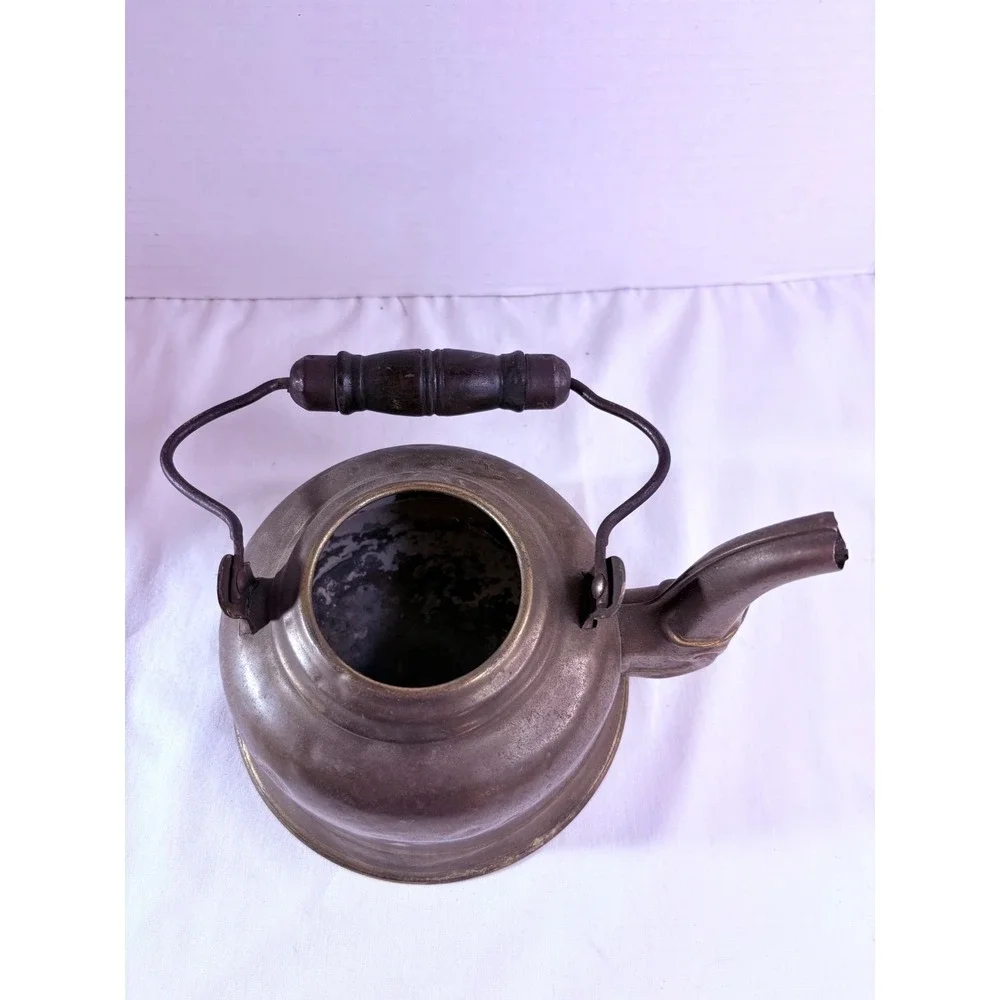 Antique Brass Tea Kettle Vintage Gooseneck Teapot Wood‎ Handle Primitive Decor